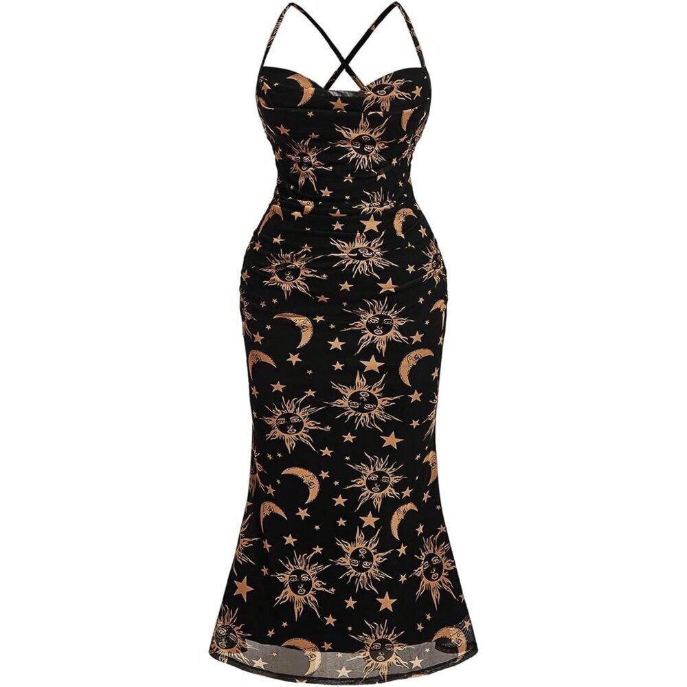 Plus Size Vintage Mesh Cami Dress Sun Moon Graphic Bodycon Long